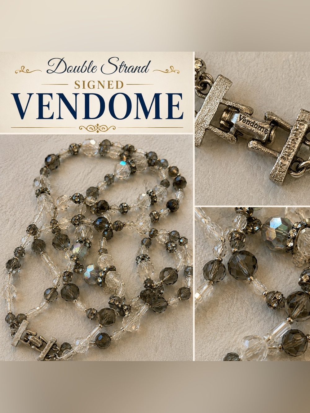Vintage Vendome Double Strand Crystal Necklace - Clear and Smoky Gray